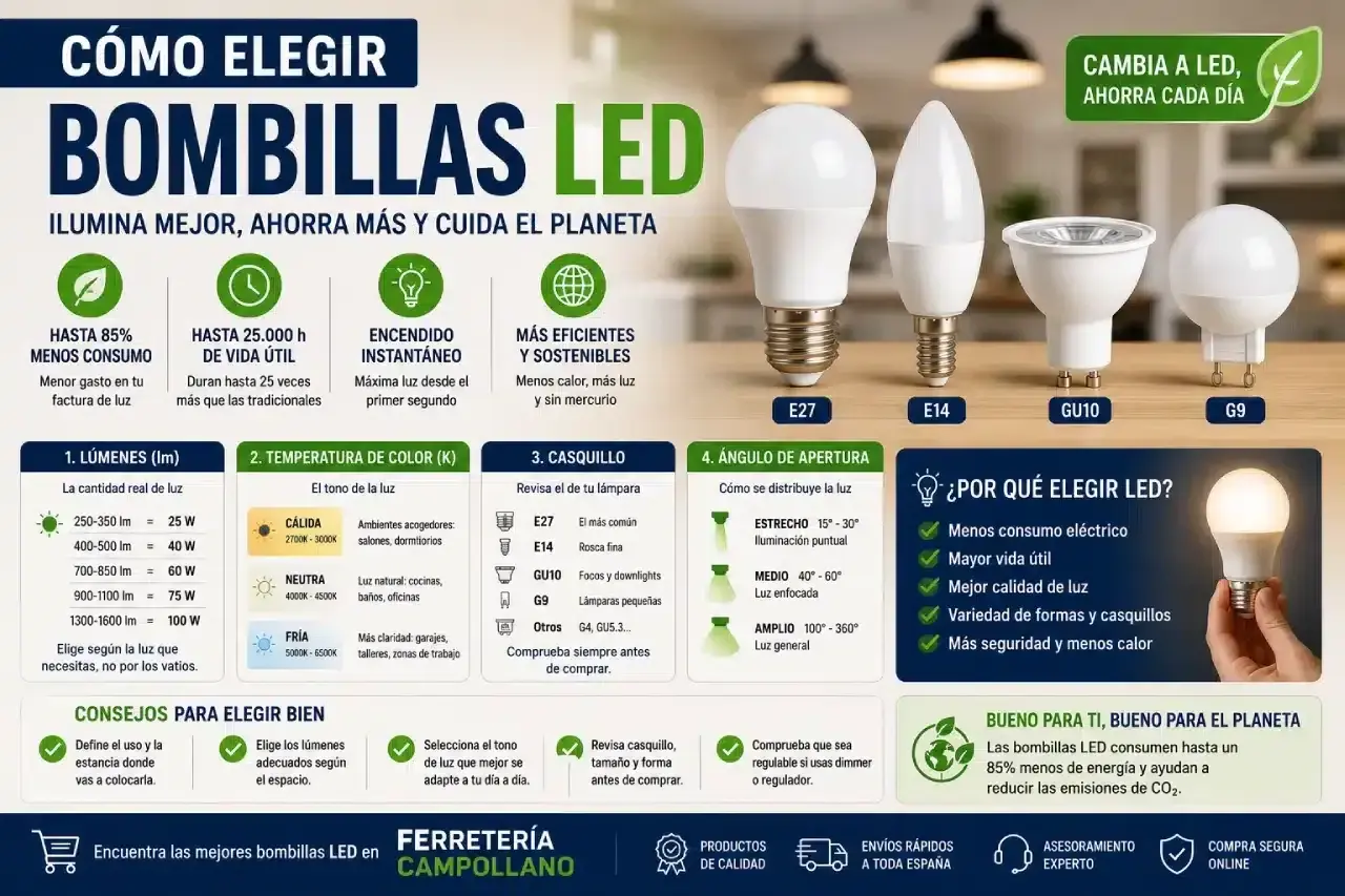 Guía para elegir bombillas LED: tipos de casquillo como GU10 para focos, lúmenes, temperatura de color y ángulo de apertura.