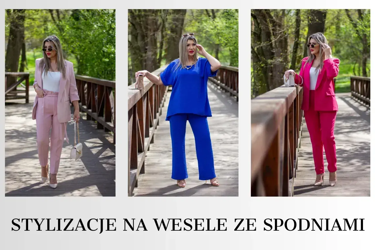 Eleganckie, gotowe stylizacje na wesele ze spodniami: różowy, niebieski i fuksjowy garnitur. Idealne na letnie przyjęcia.