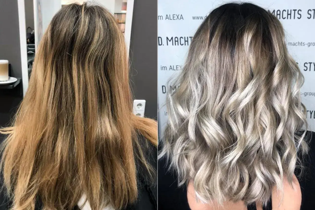 Vorher/Nachher-Vergleich: Blondierung verwandelt strohiges, orangenes Haar in glänzende Wellen.