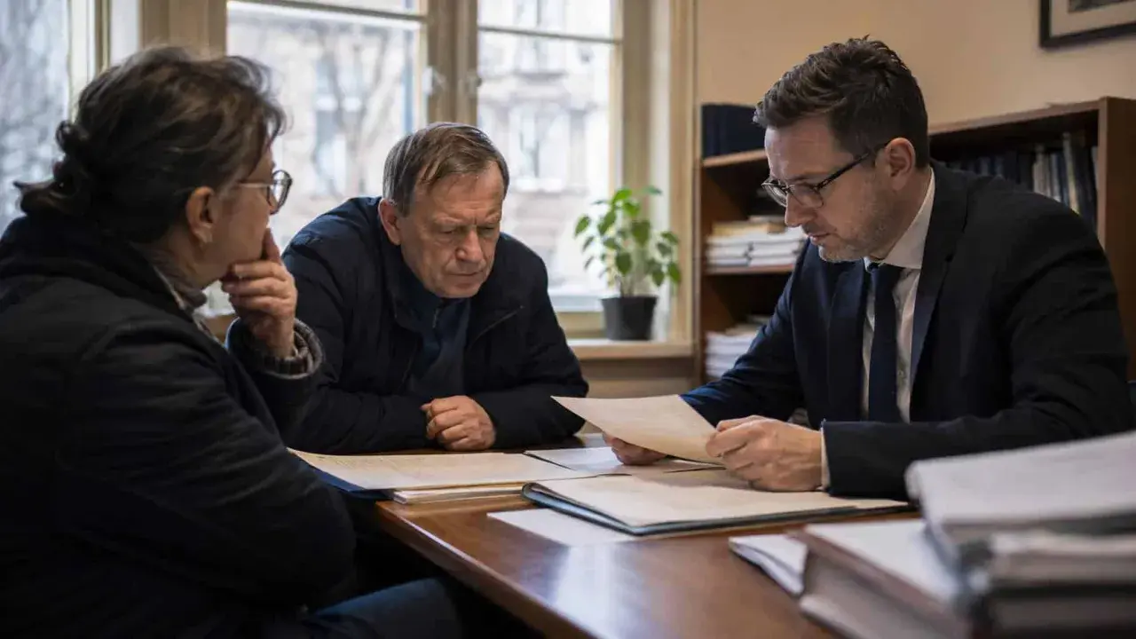Prawnik omawia dokumenty z parą, która chce dowiedzieć się, jak sprawdzić czy jestem spadkobiercą.