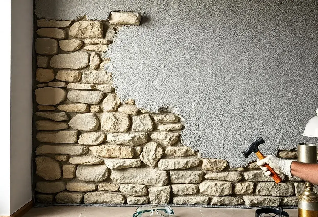 Maintenant, on va enlever l'enduit ciment sur ce mur en pierre. Un marteau et des gants sont prêts pour le travail.
