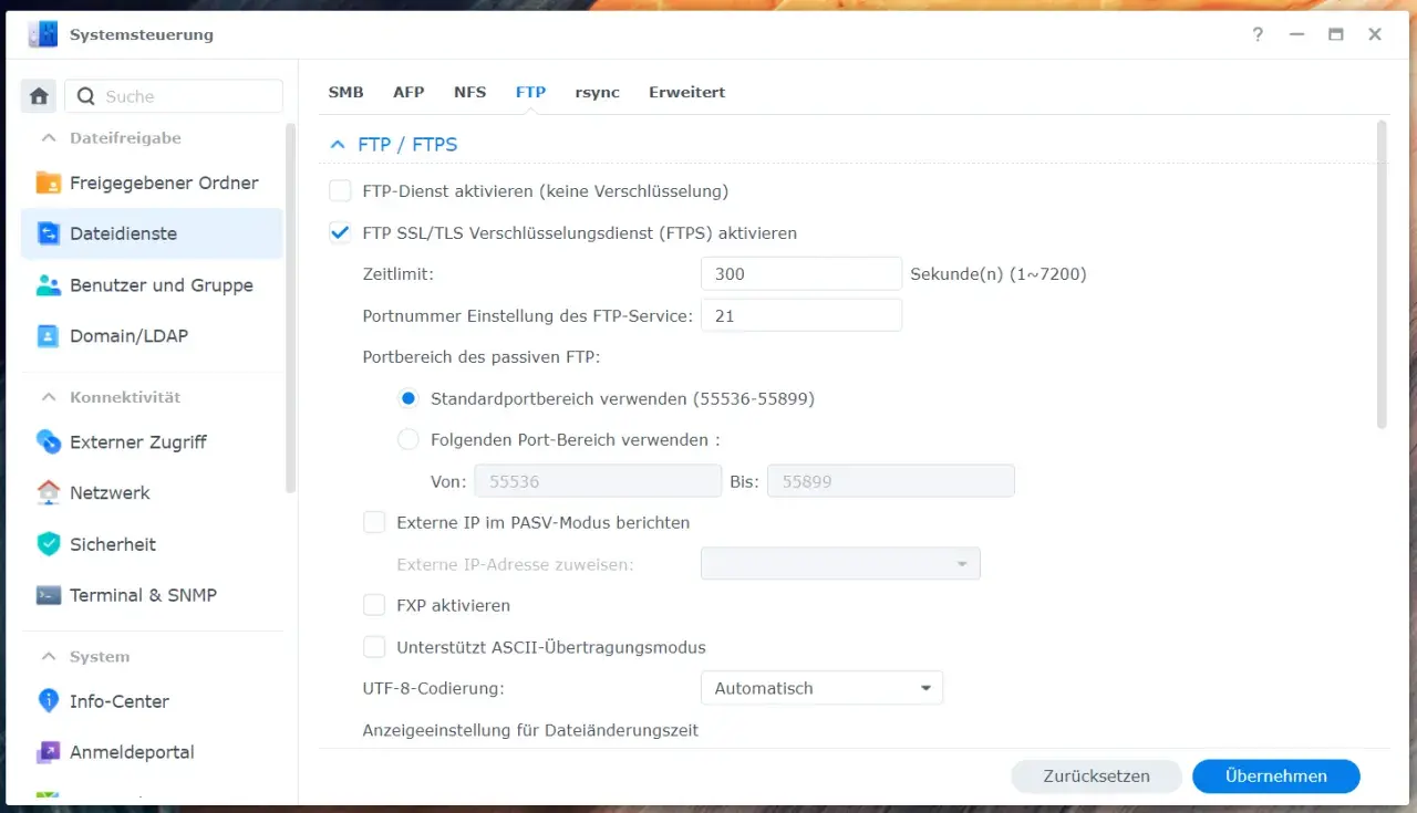 Synology NAS: Zugriff auf Dateidienste über FTP/FTPS im Heimnetzwerk konfigurieren. SSL/TLS-Verschlüsselung ist aktiviert.