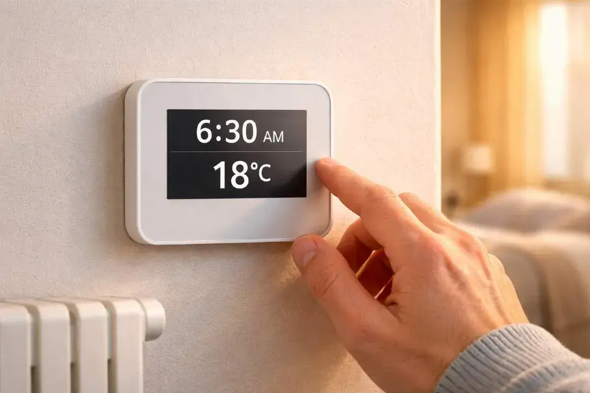 Dito, si possono staccare le utenze. Un dito tocca il termostato digitale che segna 18°C.