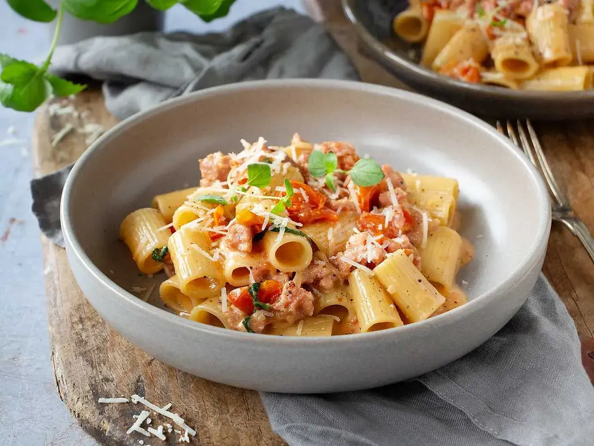 En skål med rigatoni pasta med salsicciapasta recept, toppad med riven parmesan och färsk basilika.