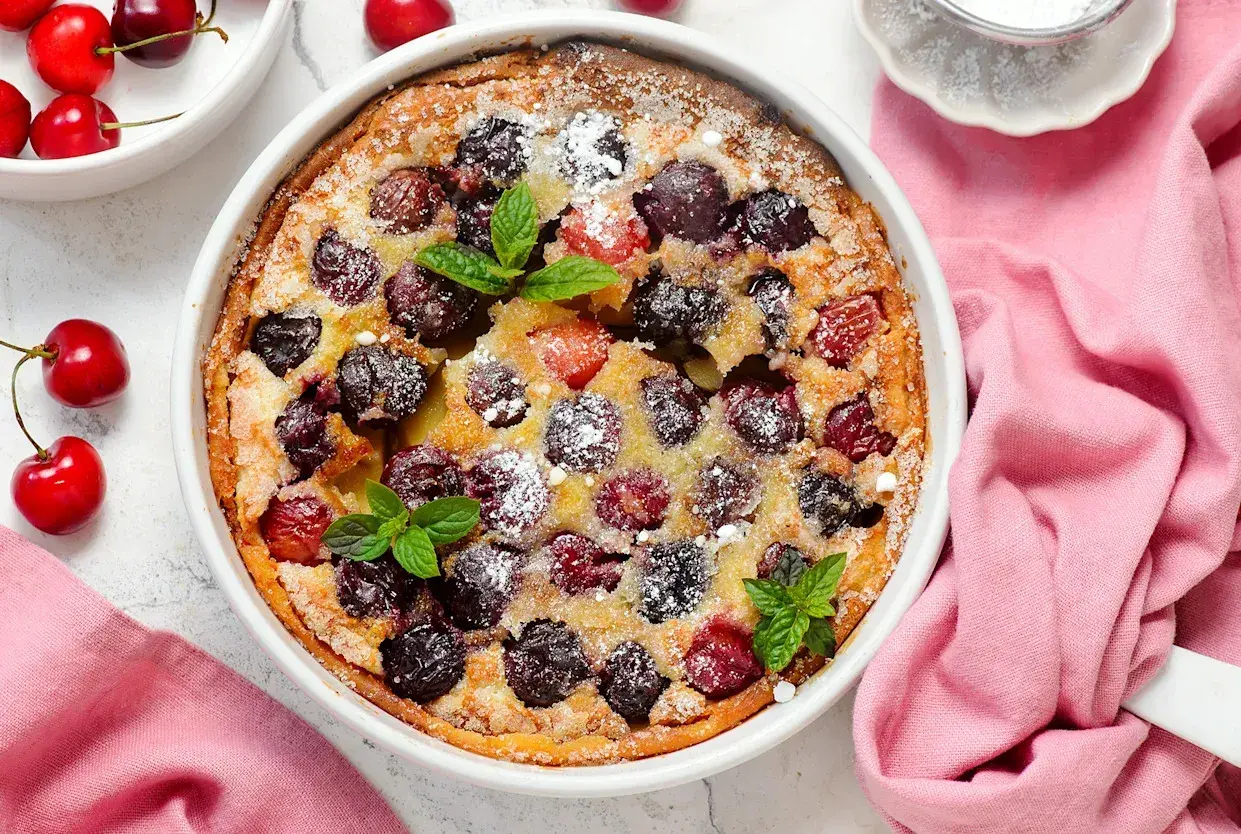 Clafoutis aux cerises, une recette de Laurent Mariotte, parsemé de sucre glace et décoré de feuilles de menthe.