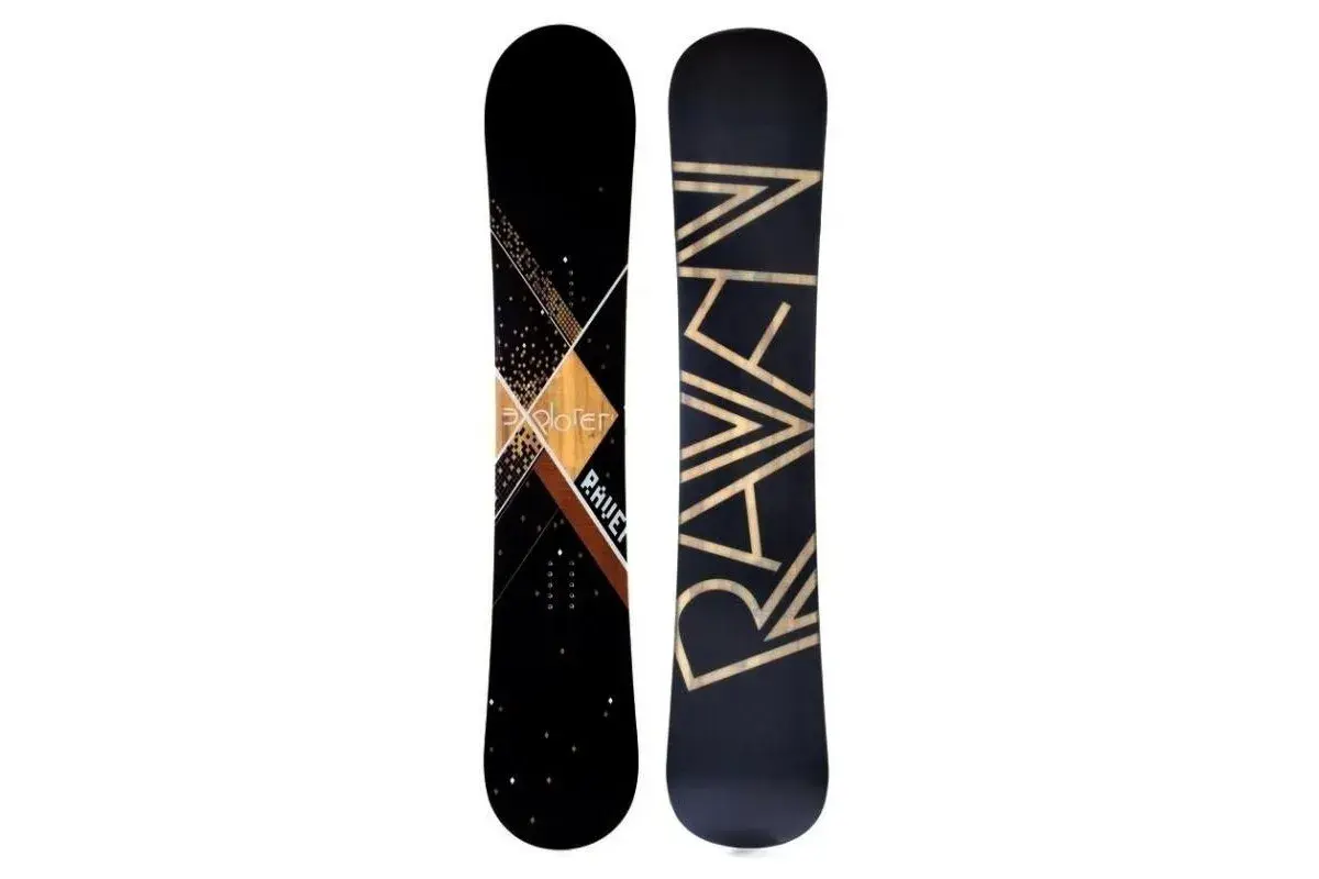 Dwie deski snowboardowe Raven. Jedna czarna z geometrycznym wzorem i napisem "Explorer", druga czarna z dużym złotym napisem "RAVEN".