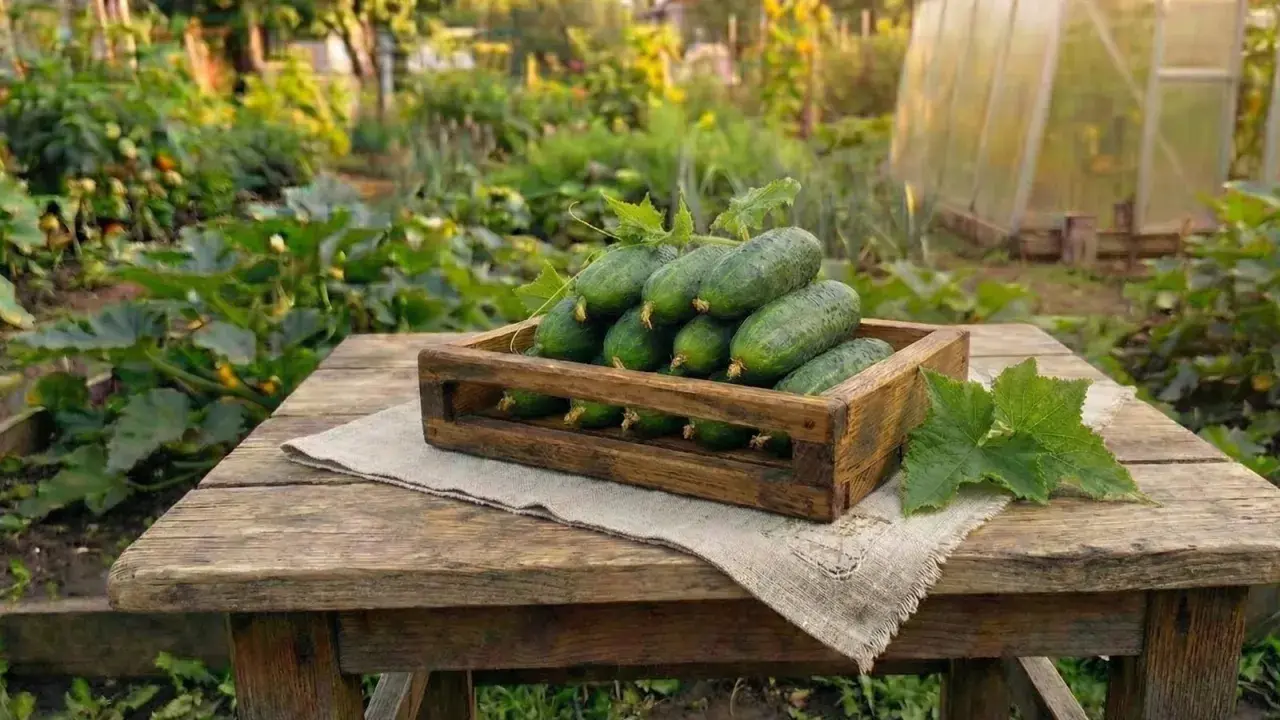Färska gurkor i en trälåda på ett bord i trädgården. Tänk på inlagd gurka hållbarhet för att njuta av skörden länge.