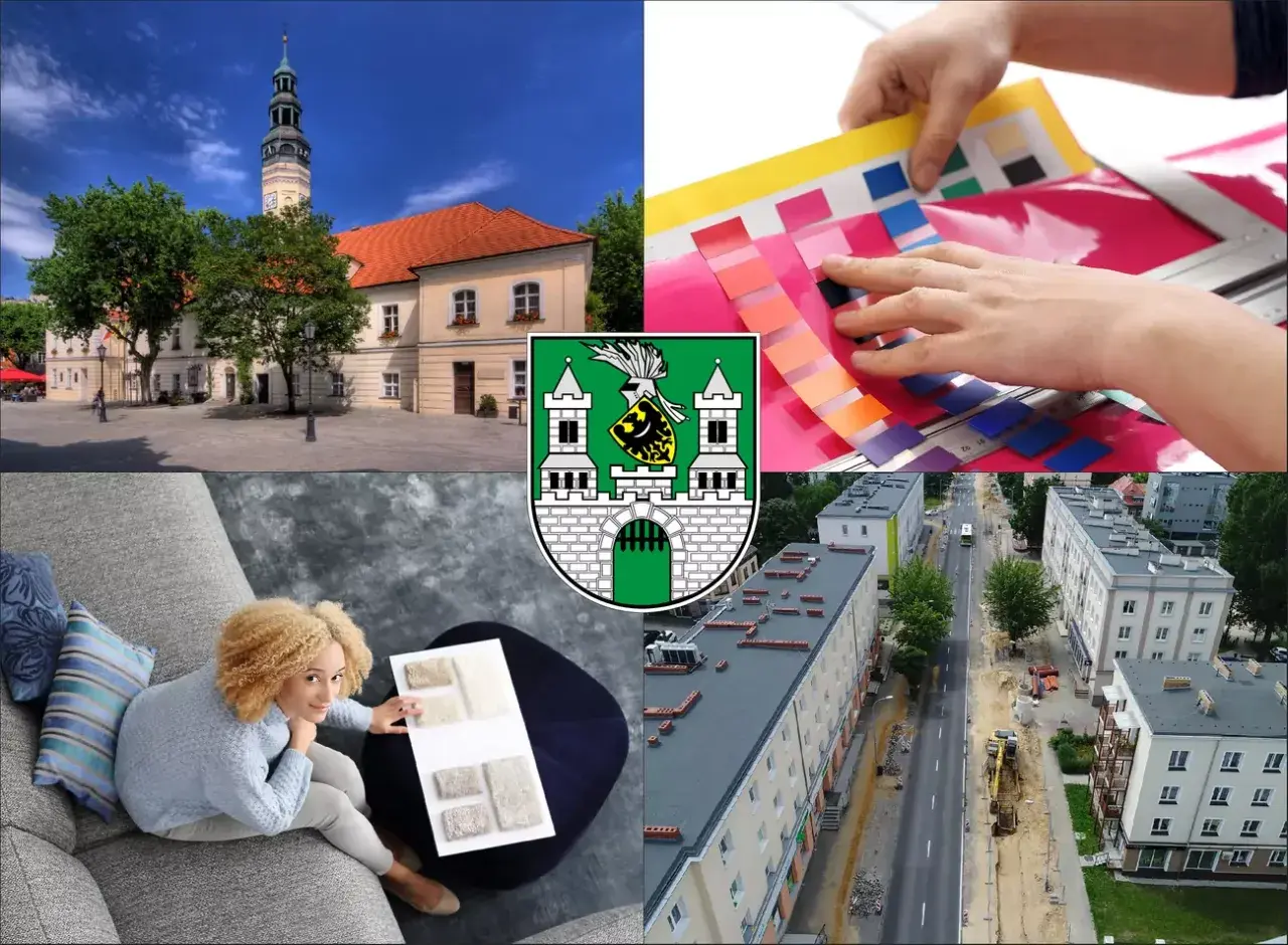 Kolaż: ratusz, próbki kolorów, kobieta z próbkami materiałów, ulica w budowie, herb Zielonej Góry.