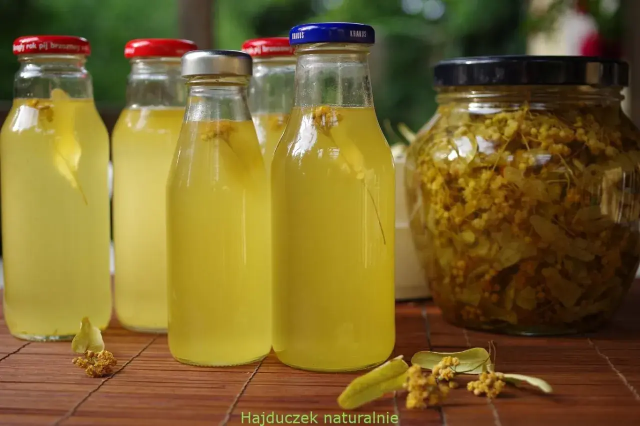 Butelki z domowym syropem z lipy, obok słoik z kwiatami lipy. Naturalny, orzeźwiający napój.