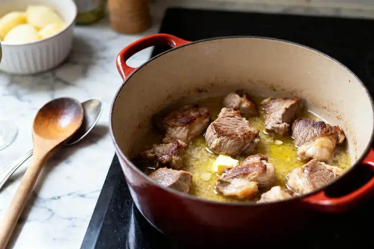 Morceaux de veau dorés mijotant dans une cocotte rouge, prêts pour un savoureux sauté de veau grand-mère. Une touche de beurre ajoute à la richesse.