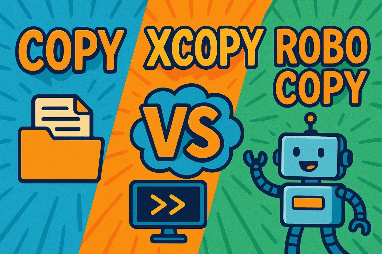 Vergleich von xcopy vs robocopy: Ordner-Symbol und Roboter-Symbol stehen sich gegenüber.