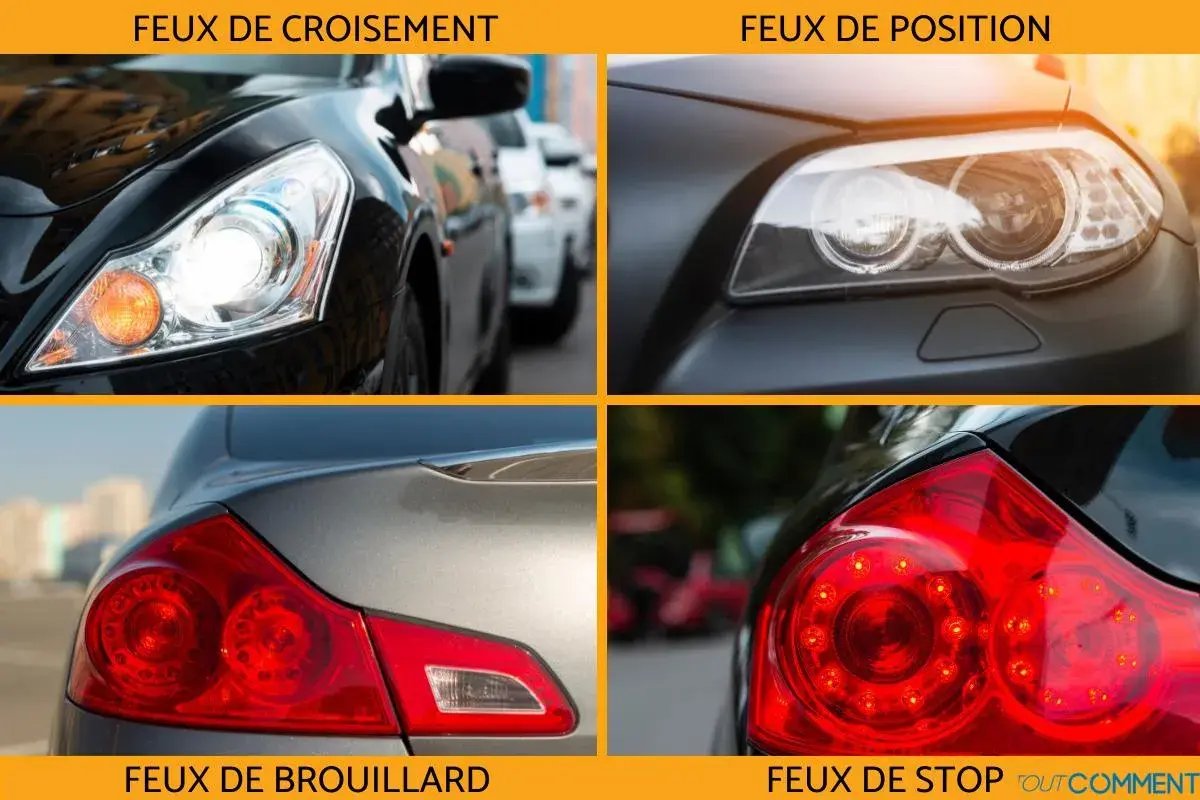 Gros plans sur des feux de voiture : feux de croisement, feux de position, feux de brouillard et feux de stop.