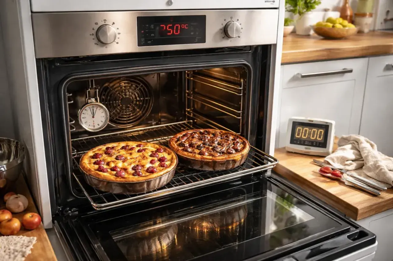 Deux clafoutis aux cerises et aux fruits rouges cuisent dans un four à chaleur tournante. Un minuteur est suspendu à l'intérieur.