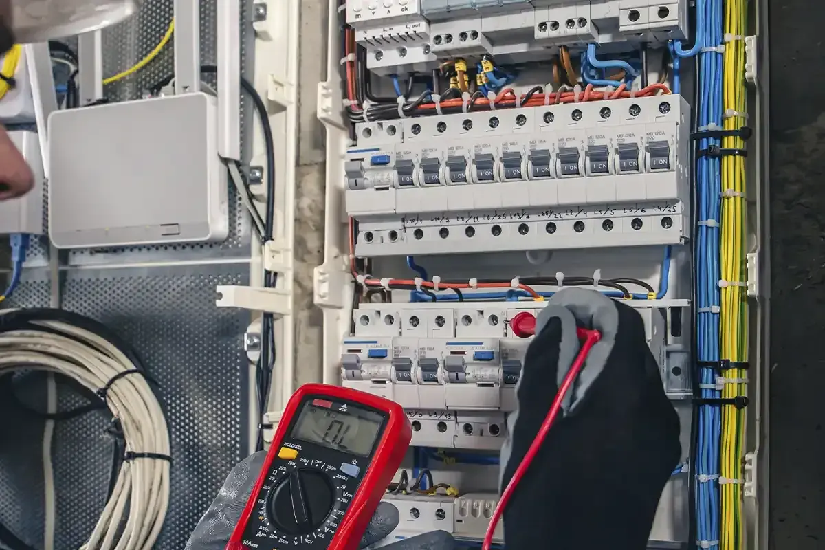 Ein Elektriker prüft mit einem Multimeter eine Schalttafel. Das Bild zeigt die sorgfältige Arbeit, die für ein gutes industrieelektriker gehalt wichtig ist.