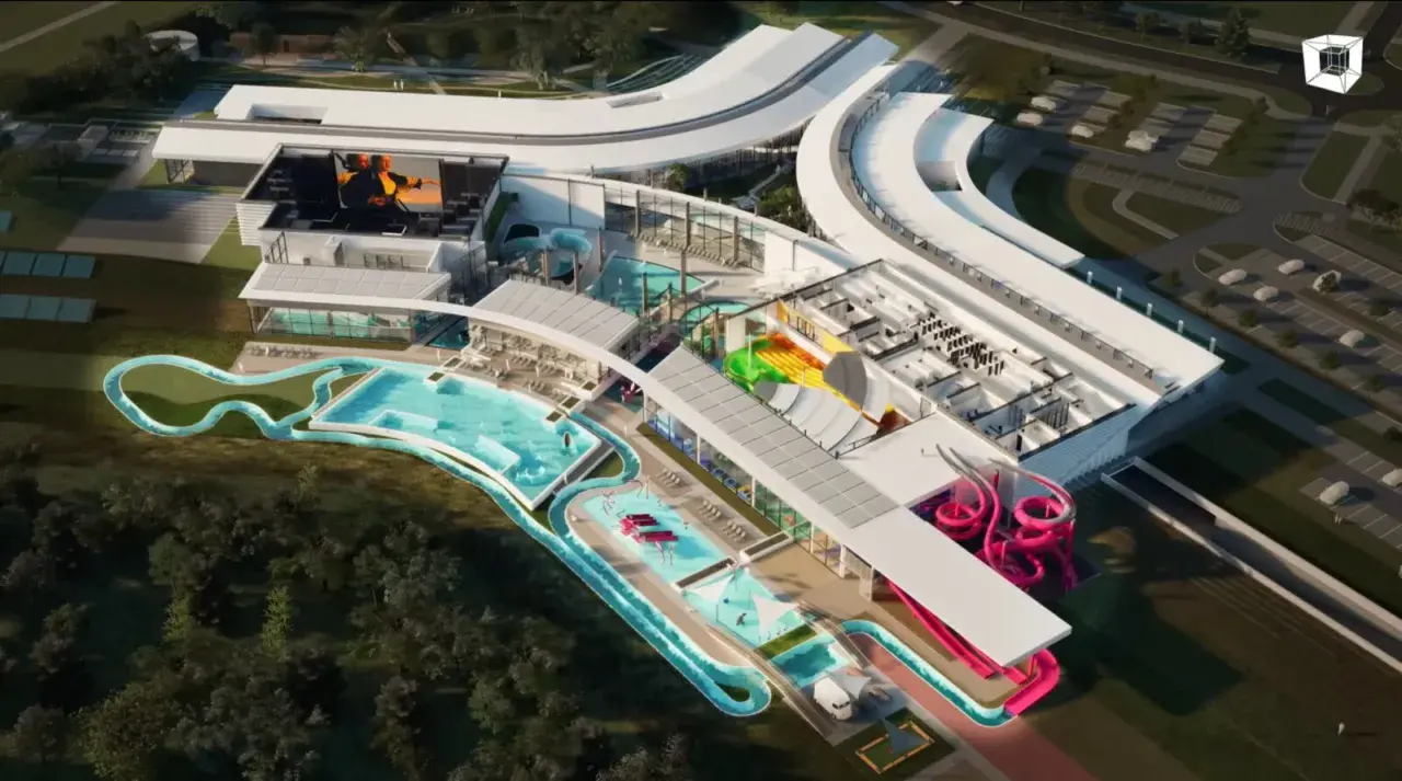 Nowoczesny aquapark Rzeszów z basenami, zjeżdżalniami i strefą relaksu. Widok z lotu ptaka na kompleks wodny.