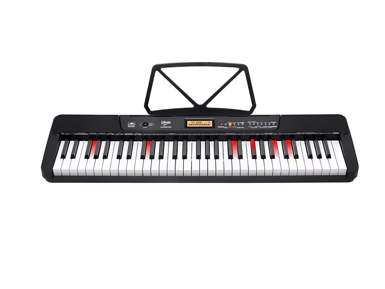 Czarny keyboard z podświetlanymi klawiszami, idealny do nauki jak grać na keyboardzie. Stojak na nuty dodaje funkcjonalności.