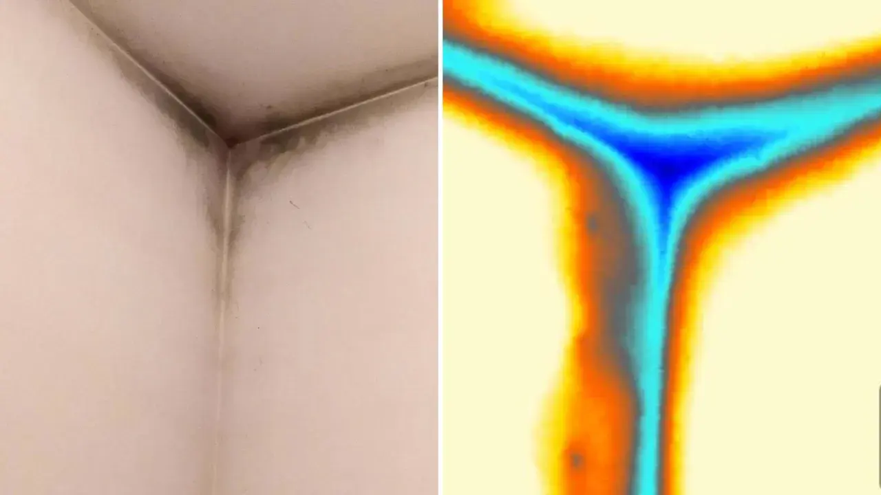 Angolo di una stanza con muffa e immagine termica che mostra la dispersione del calore, suggerendo la necessità di una pittura isolante.