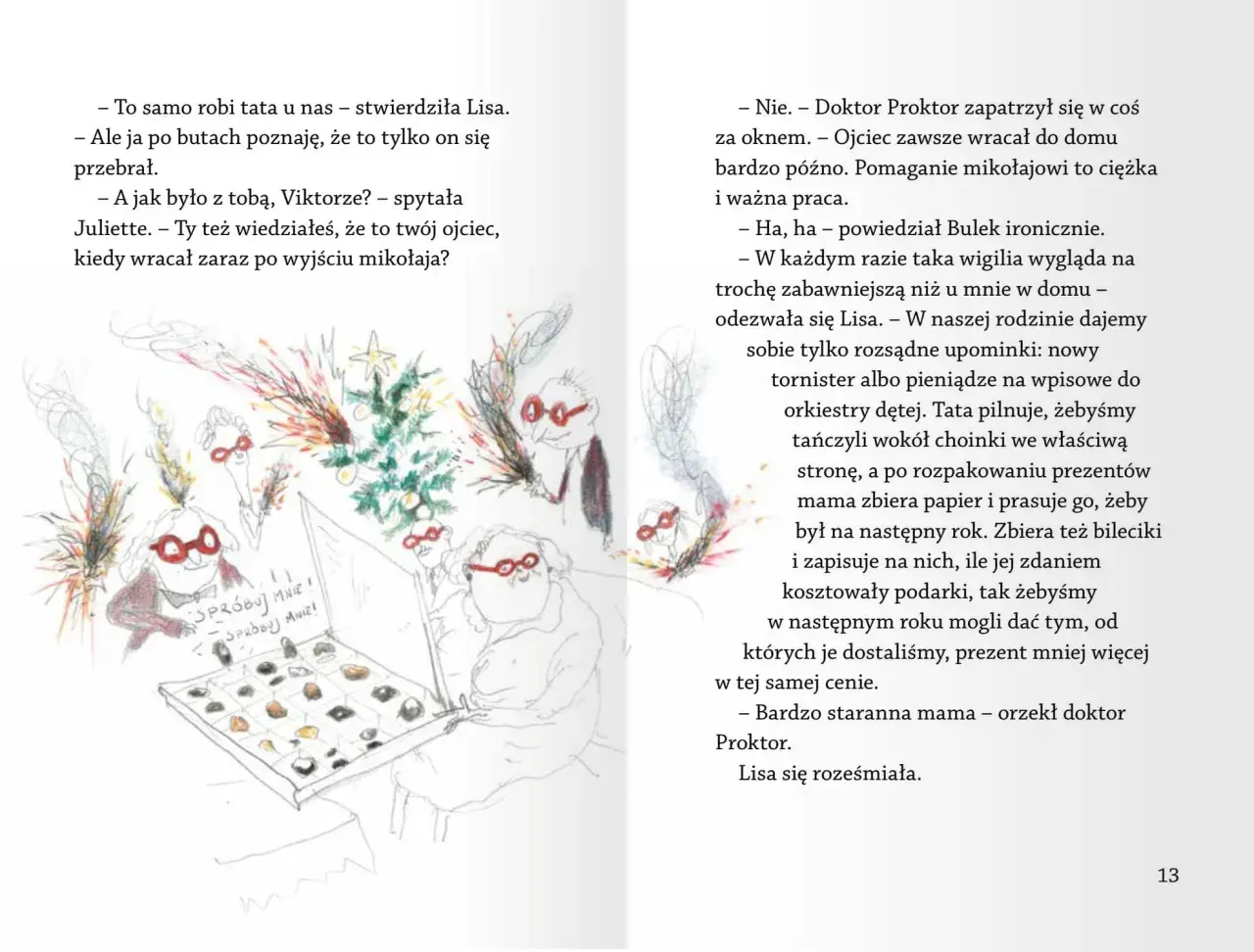 Ilustracja z książki "Jo Nesbø dla dzieci" przedstawia rodzinne święta z zabawnymi postaciami i prezentami.