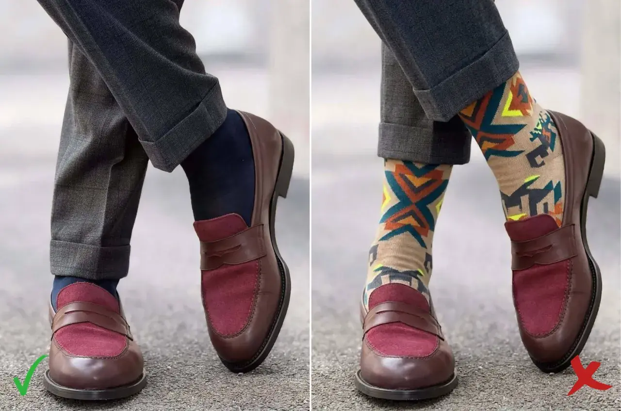 Chaussettes derbies : le bon choix pour un look classique et soigné, le mauvais pour un style trop audacieux.