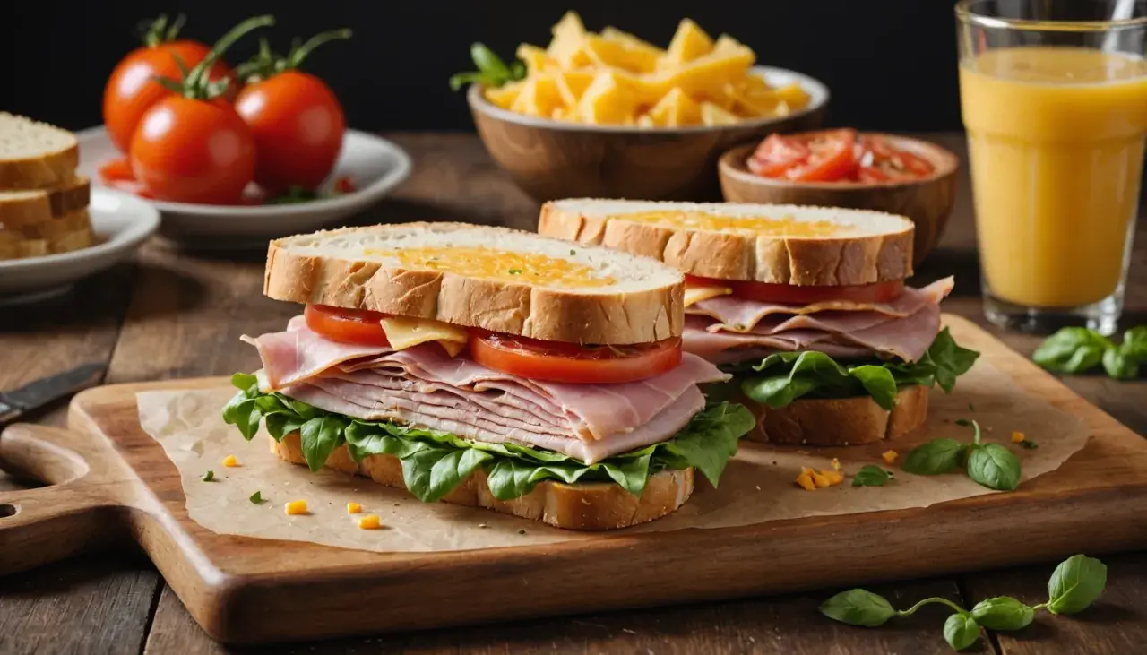 Deux sandwichs froids appétissants avec jambon, fromage, tomate et laitue sur du pain grillé. Un verre de jus d'orange et des tomates fraîches complètent ce repas.