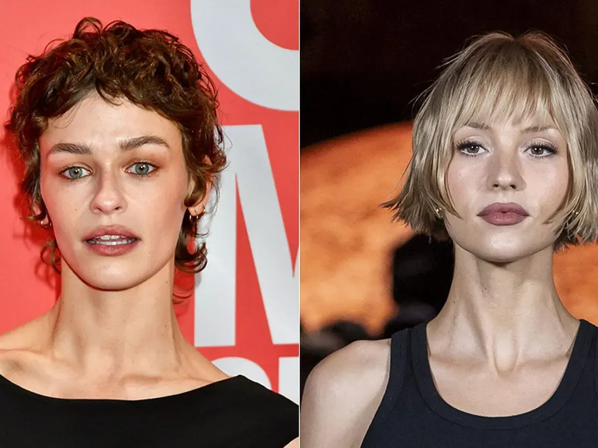 Dos mujeres con peinados cortos modernos: una con cabello castaño rizado y otra con cabello rubio bob.