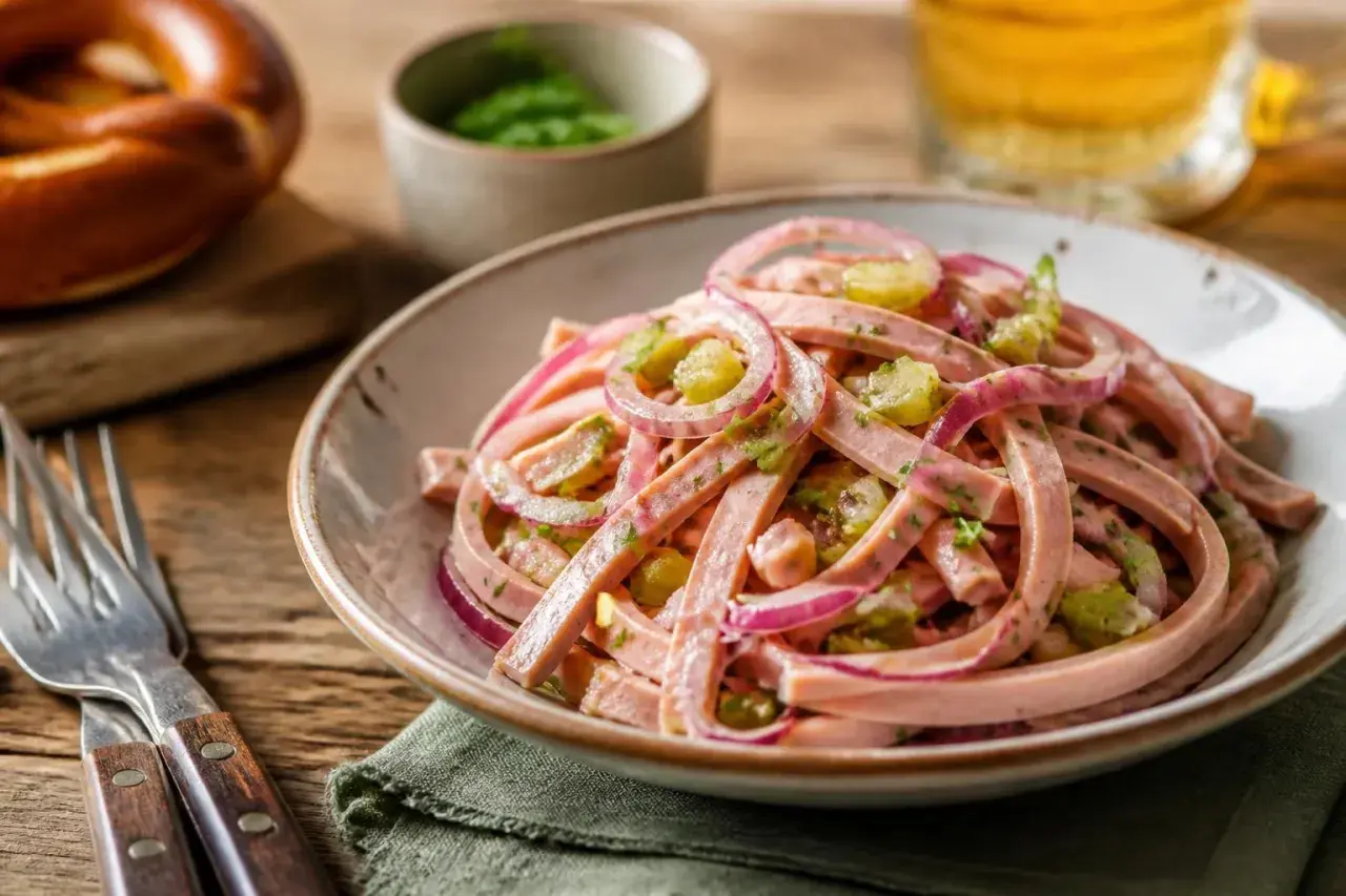 Ein köstlicher Wurstsalat mit roten Zwiebeln und Gurken, perfekt für ein deftiges Mittagessen. Dieses Wurstsalat Rezept ist ein Klassiker.