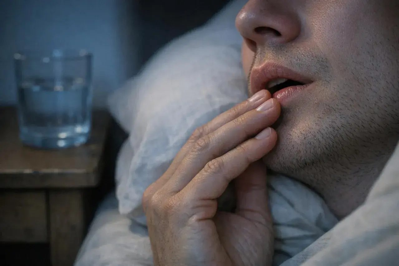 Uomo con mano sulle labbra, soffre di lingua secca di notte. Un bicchiere d'acqua sul comodino.