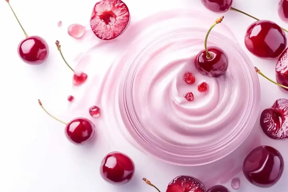 Crème onctueuse rose parsemée de cerises, évoquant le bienfait peau de ce fruit pour un soin éclatant.