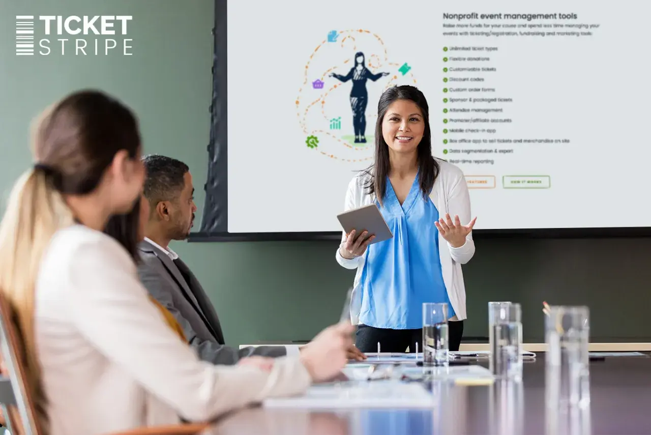 A presenter explains nonprofit event management tools, highlighting features for free event tickets for nonprofit organizations.