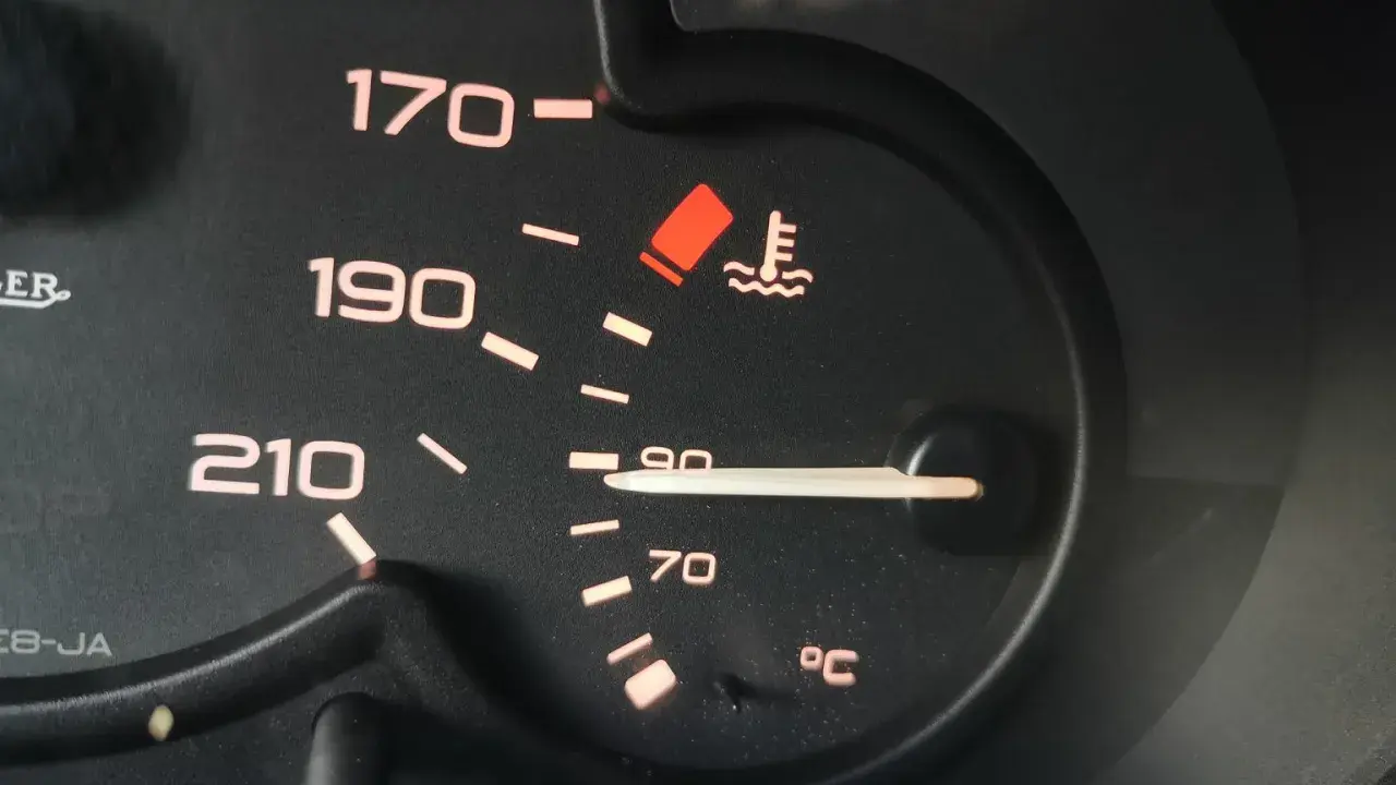Wskaźnik temperatury płynu chłodniczego diesel pokazuje 90°C. Czerwona kontrolka ostrzega przed przegrzaniem.