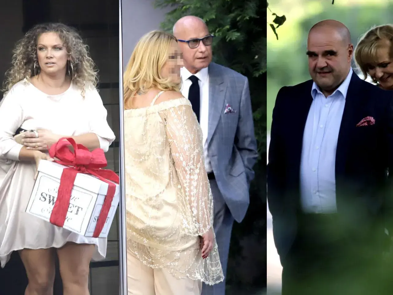Piotr Machalica ślub. Kobieta z kręconymi włosami niesie prezent. W tle mężczyźni w garniturach.