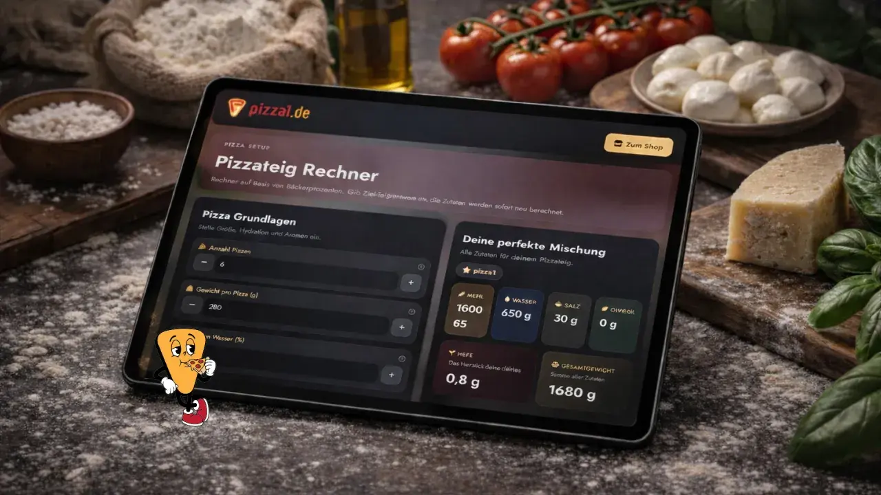 Tablet mit Pizzateig-Rechner und Zutaten wie Tomaten, Mozzarella und Parmesan.