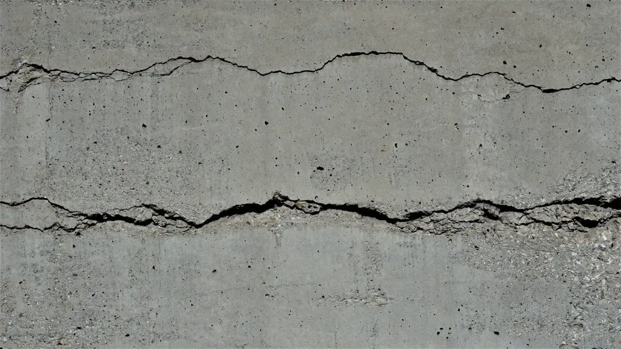 Zwei tiefe, unregelmäßige Risse durchziehen die graue Betonwand und zeugen von den Spuren der Zeit.