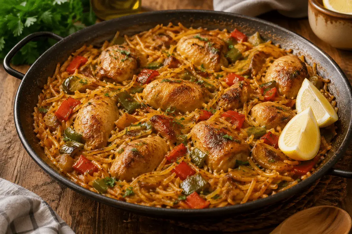 Fideuà de pollo con trozos de pimiento rojo y verde, servida en paellera con gajos de limón.