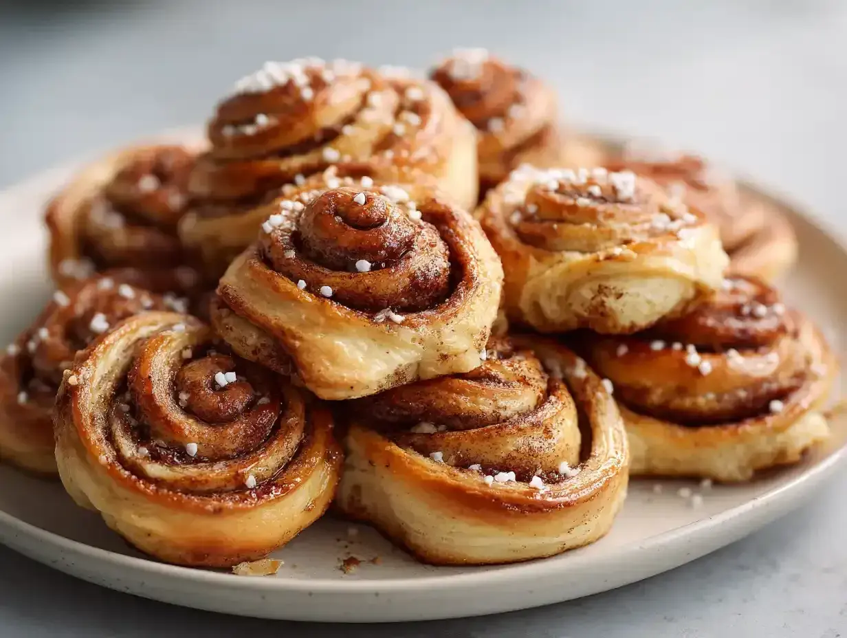 En hög med gyllene, glutenfria kanelbullar toppade med pärlsocker. Doftar ljuvligt av kanel och socker.