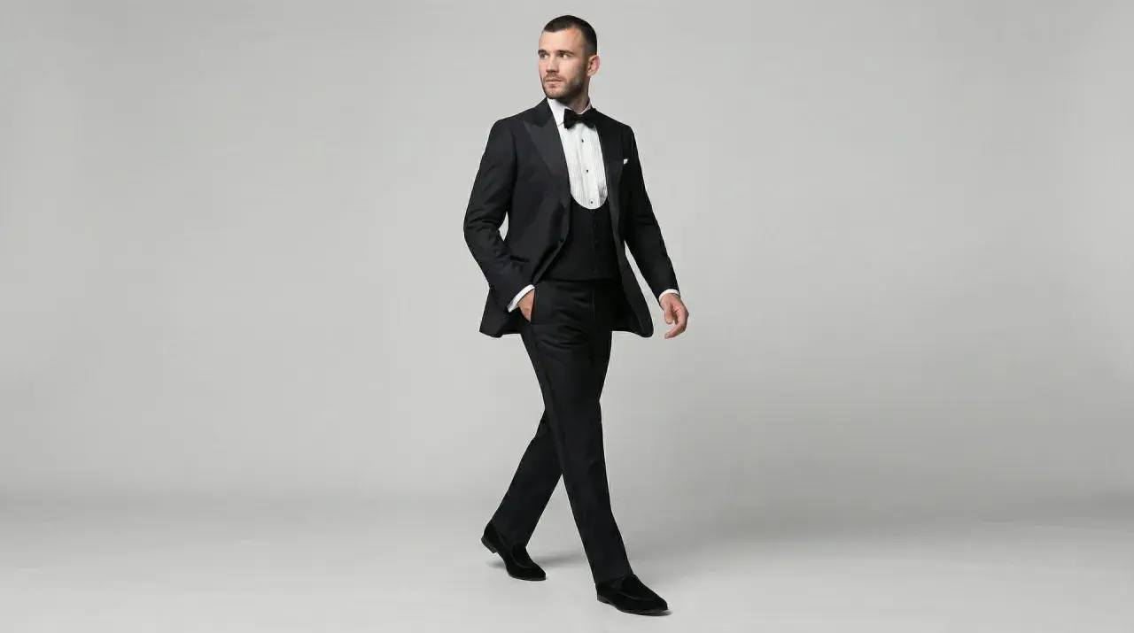 Ein Mann in eleganter Smoking-Kleidung mit Weste und Fliege schreitet selbstbewusst.