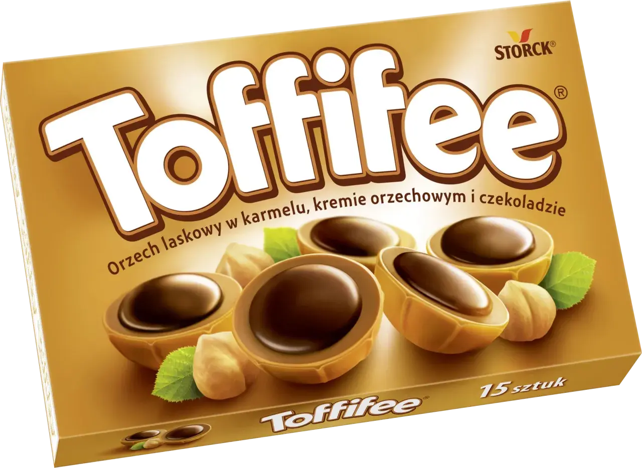 Pudełko czekoladek Toffifee z orzechami laskowymi, karmelem i czekoladą.