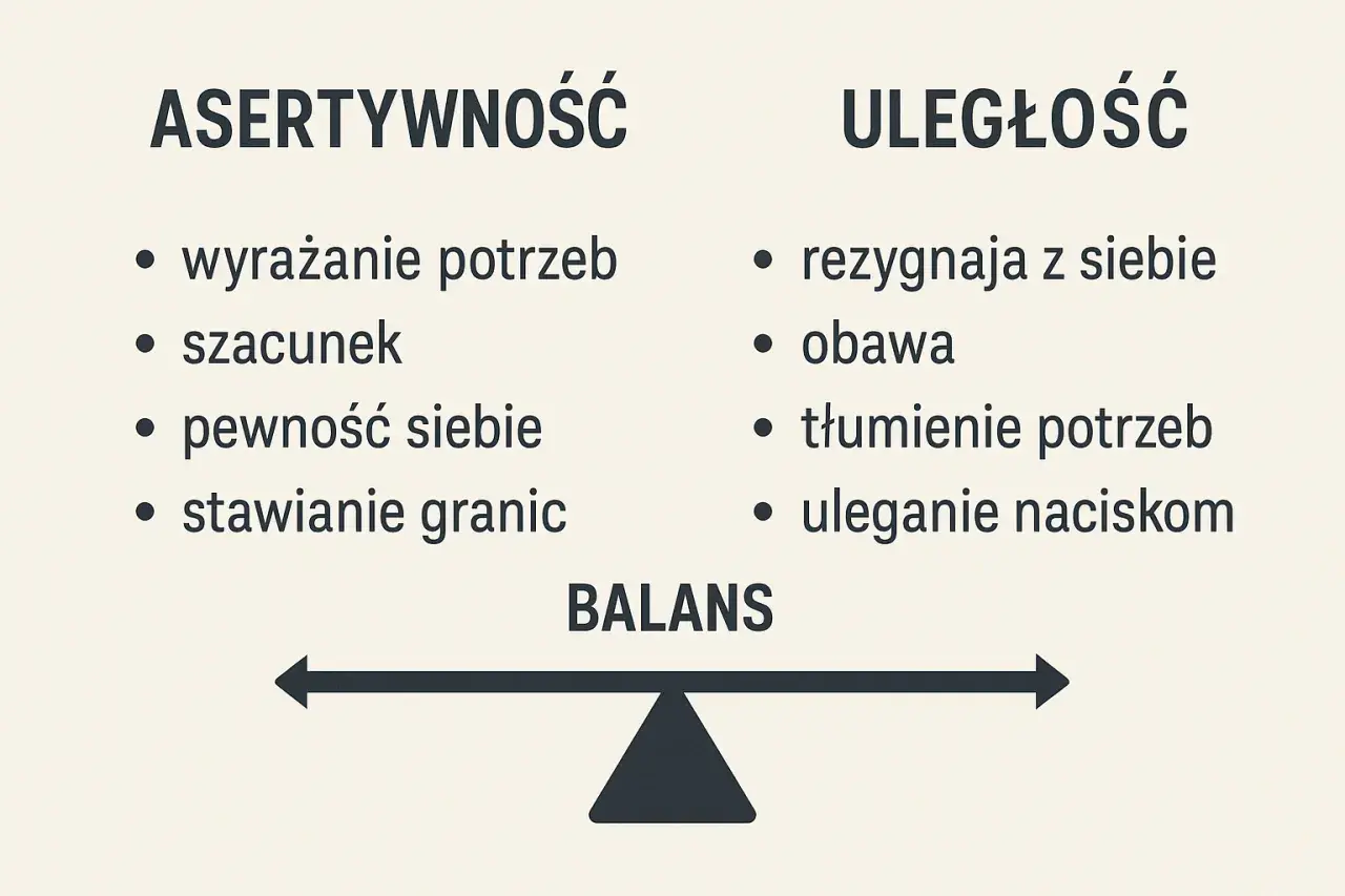Brak asertywności to uleganie naciskom, tłumienie potrzeb i obawa. Asertywność to wyrażanie siebie, szacunek i stawianie granic.