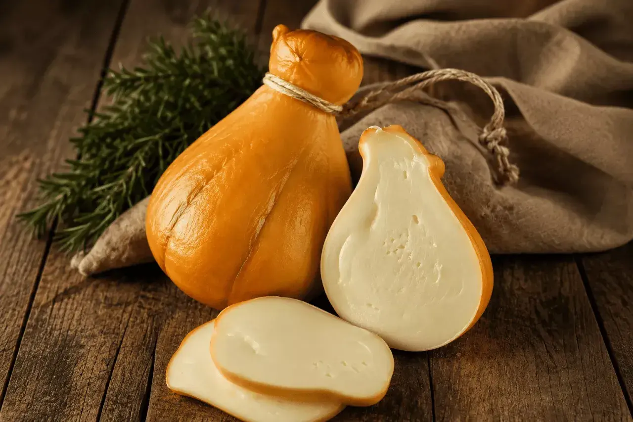 Queso scamorza ahumado, entero y cortado, con romero y tela rústica sobre madera.