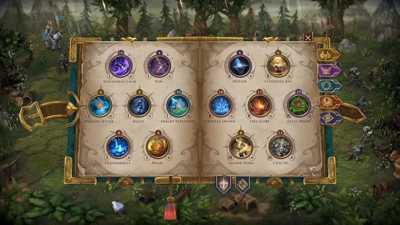 Menu umiejętności z gry heroes 8: Unnatural Calm, Web, Despair, Cleansing Ray, Healing Water, Haste, Energy Explosion, Crystal Crown, Fire Globe, Fatal Decay, Thunderbolt, Wean, Second Song, Cave In.