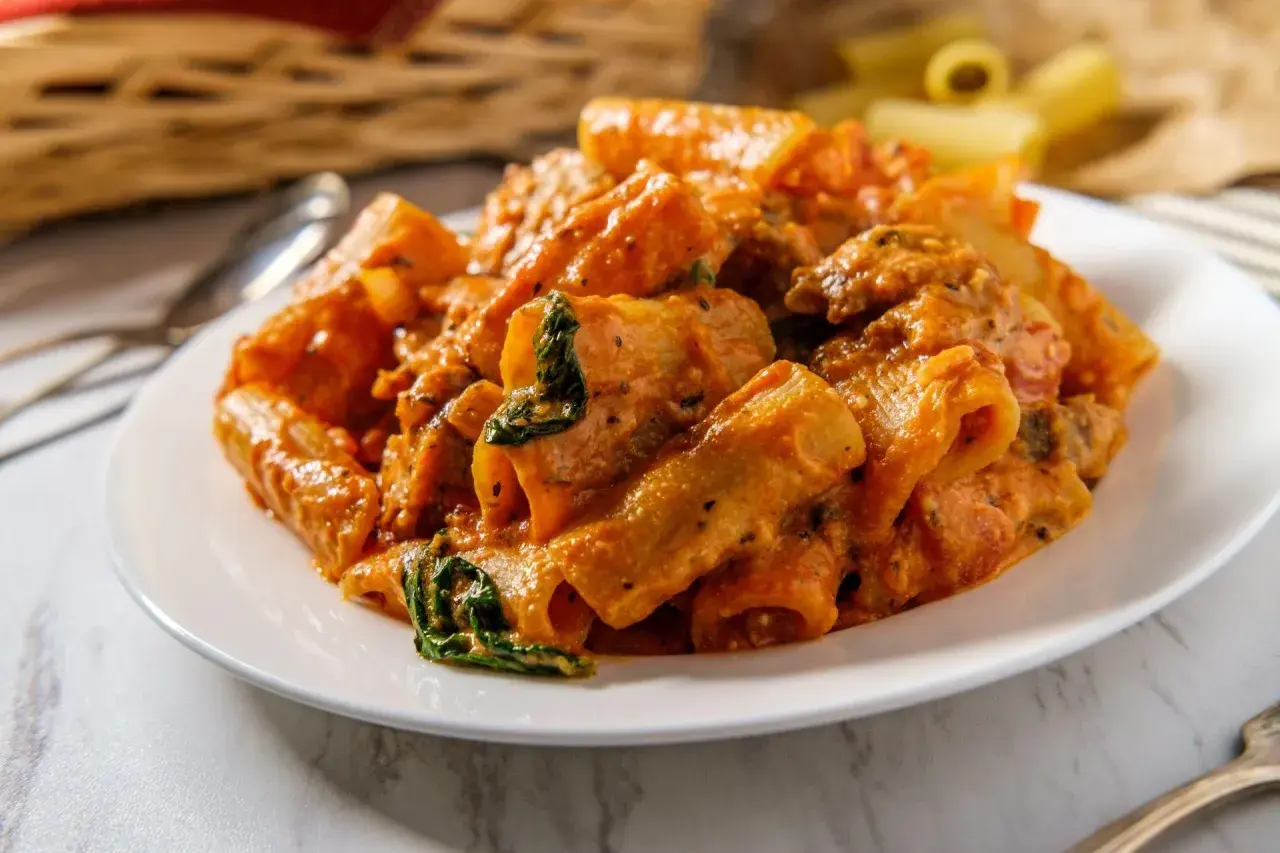 Makaron rigatoni w kremowym sosie pomidorowym ze szpinakiem i kawałkami mięsa.