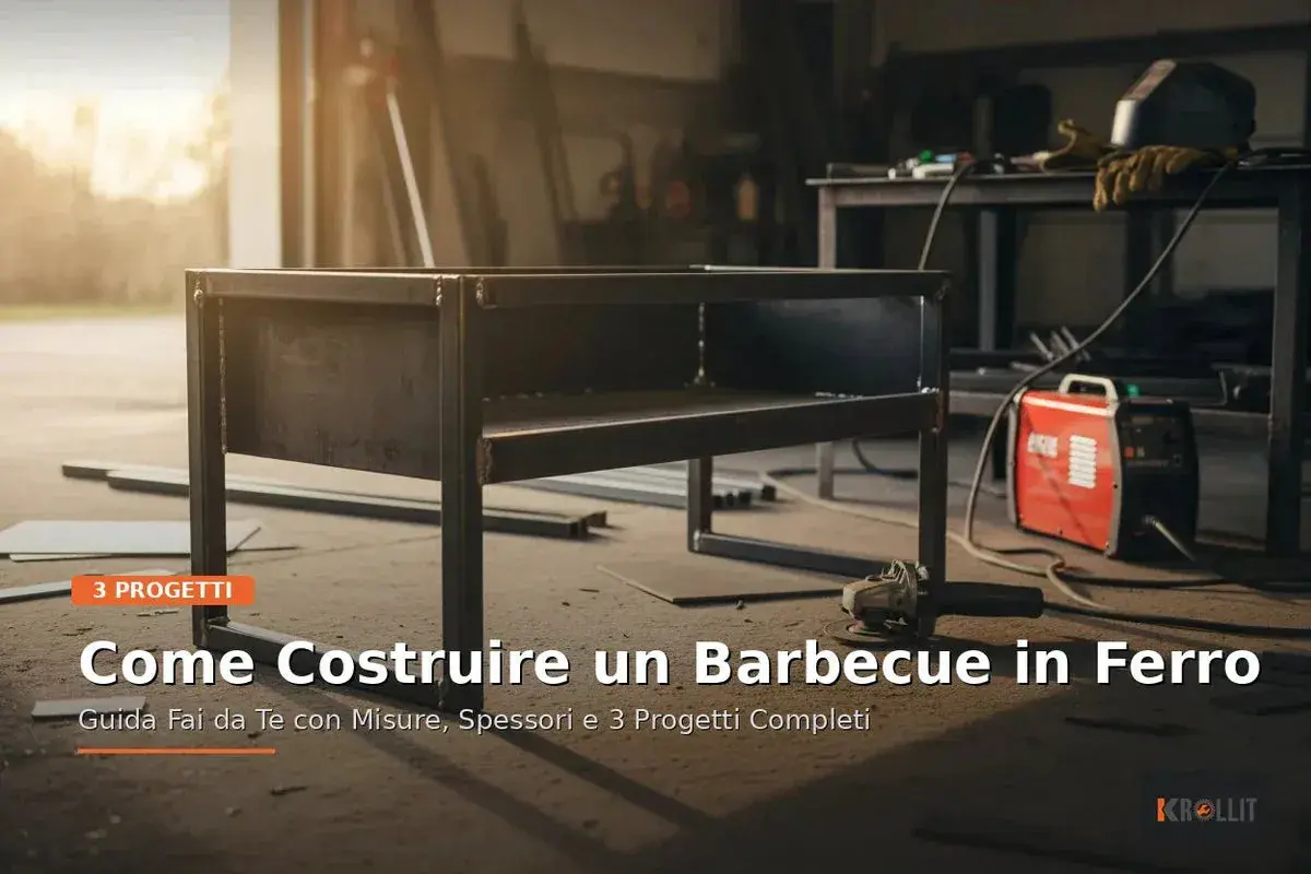 Un barbecue inox fait maison en cours de construction dans un atelier. Une meuleuse et un poste à souder sont visibles.