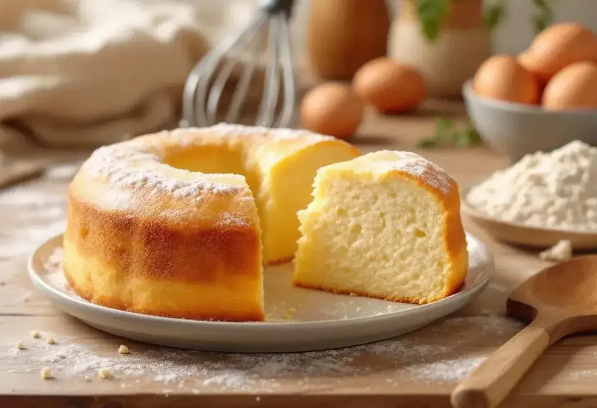 Un délicieux gâteau rapide, saupoudré de sucre glace, est prêt à être dégusté. Des œufs et de la farine sont visibles en arrière-plan.