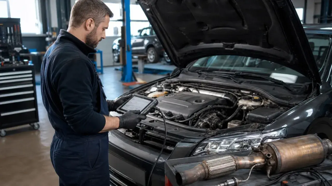 Mechanik sprawdza na tablecie dane dotyczące samochodu, obok leży zużyty filtr SCR.