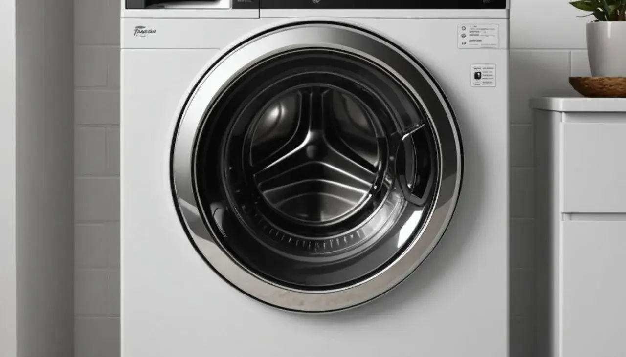 Biała pralka Whirlpool z widocznym bębnem i chromowanym pierścieniem.