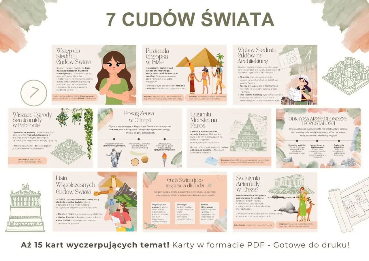 Ilustracja przedstawia 7 cudów świata starożytnego i nowożytnego, ich wpływ na architekturę i inspiracje dla ludzi.