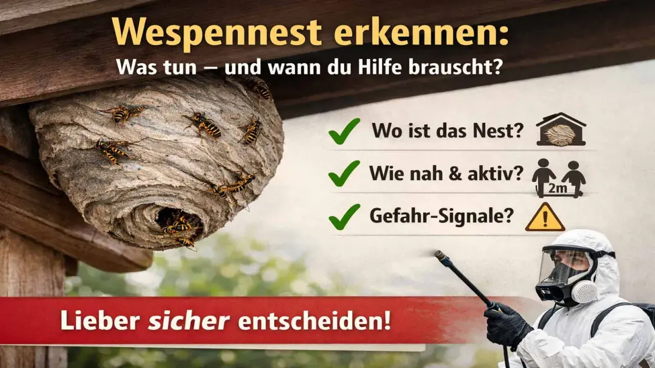 Ein Wespennest unter einem Dachvorsprung. Die Frage ist, wann verlassen Wespen ihr Nest und wann braucht man Hilfe.