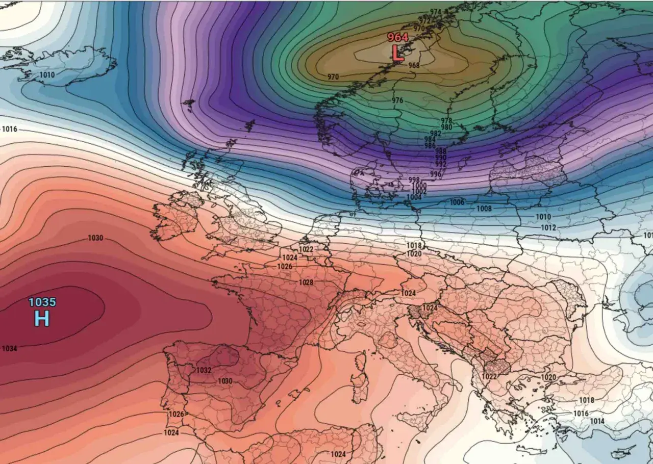 Mapa synoptyczna pokazuje nagły spadek ciśnienia nad Skandynawią, gdzie cyklon osiąga 964 hPa, podczas gdy nad Atlantykiem panuje wysokie ciśnienie 1035 hPa.