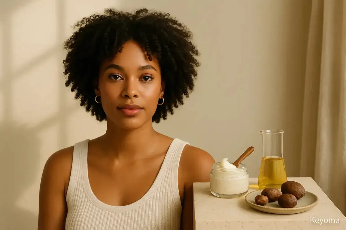 Mujer con cabello rizado junto a un tarro de manteca de karité para el pelo, aceite y nueces. Opiniones positivas sobre sus beneficios.