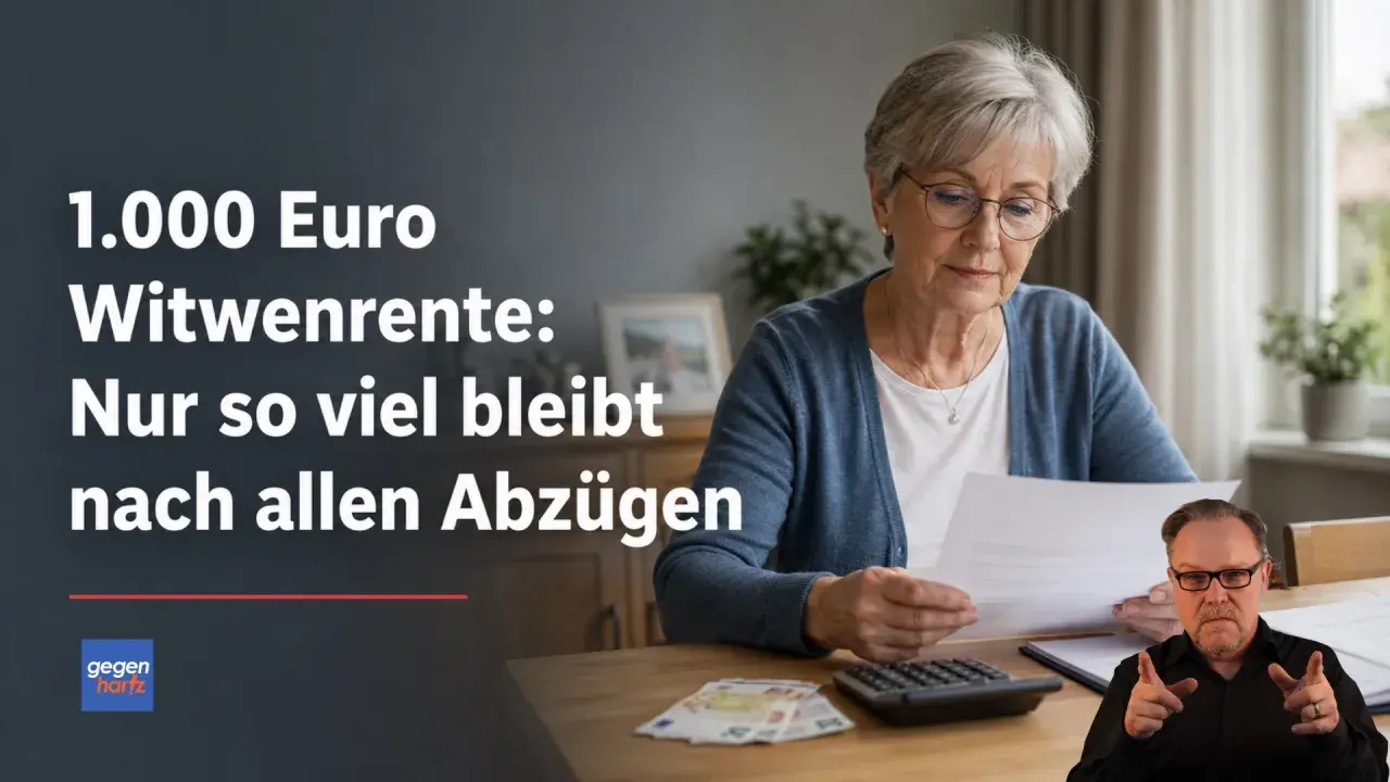 Eine Frau prüft Dokumente. Text: "1.000 Euro Witwenrente: Nur so viel bleibt nach allen Abzügen." Ein Mann im Vordergrund deutet. Witwenrente berechnen beispiel.